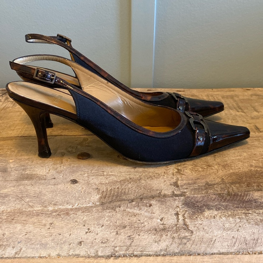 Stuart Weitzman Aspect Black Crepe Sling Back Heels